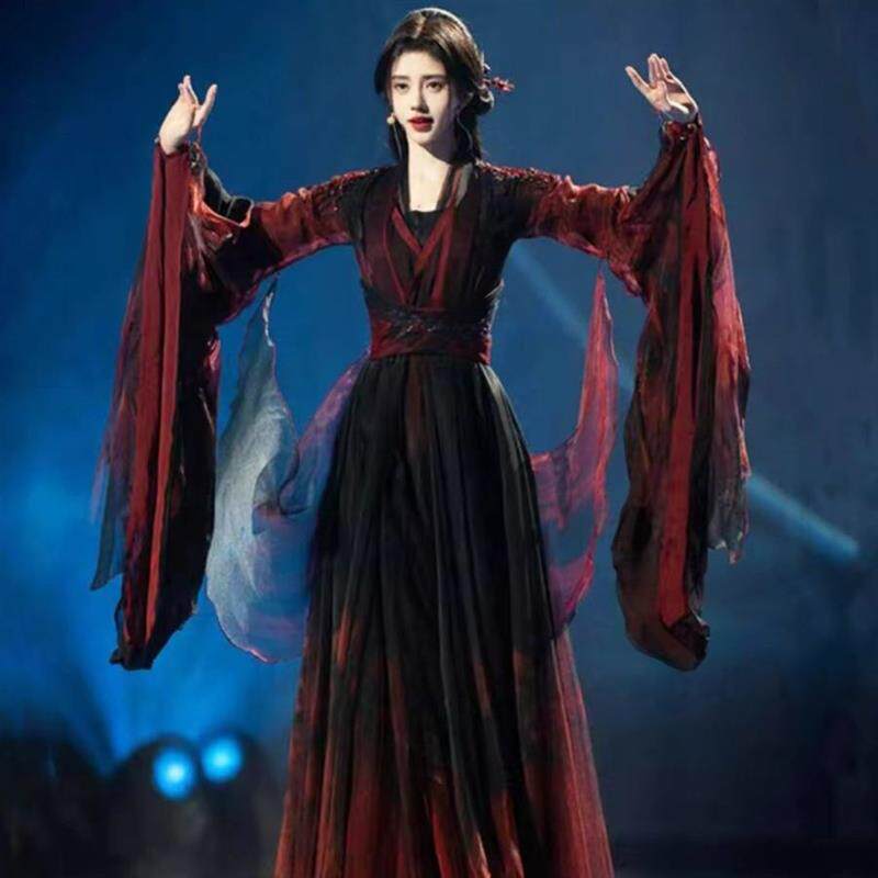 古典舞蹈服同款鞠婧祎落仙气中国舞飘逸大摆裙交领舞蹈演出服套装