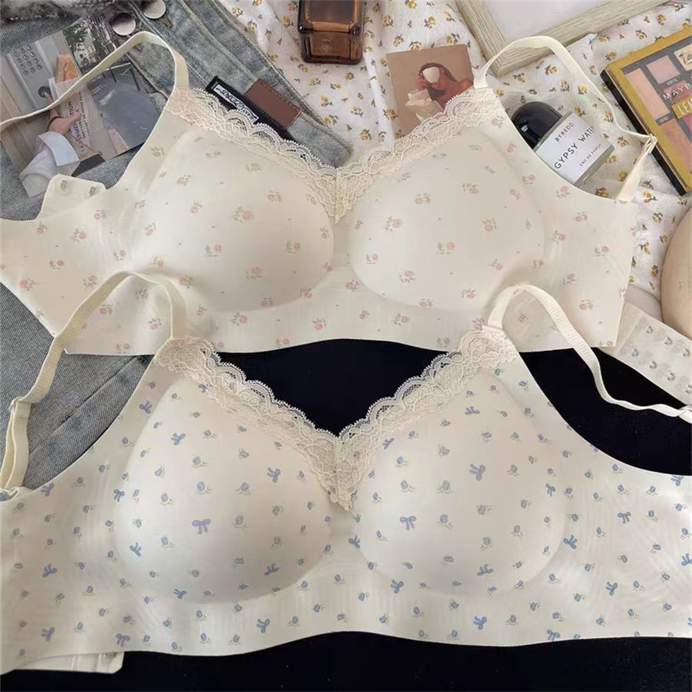 甜美碎花内衣女小胸聚拢无钢圈舒适透气收副乳防下垂学生无痕文胸