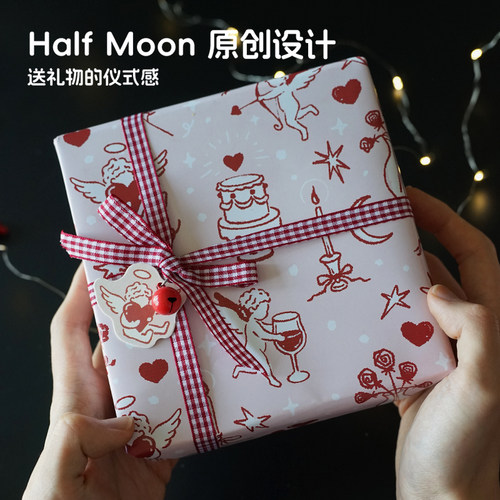 Half Moon原创小天使礼品纸插画手绘包装纸浪漫情人节新生儿送礼