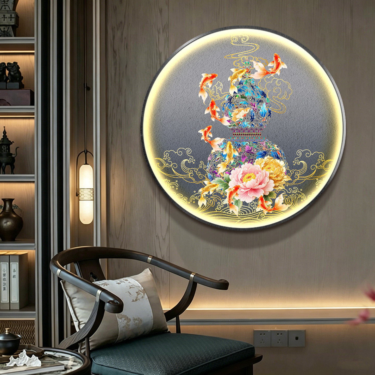新中式九鱼牡丹圆形LED带灯装饰