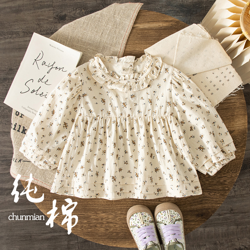 纯棉日韩风木耳领碎花纯棉娃娃衫