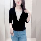 金丝绒拼接上衣法式 百搭V领T恤小衫 轻奢高级感V领串珠打底衫 修身