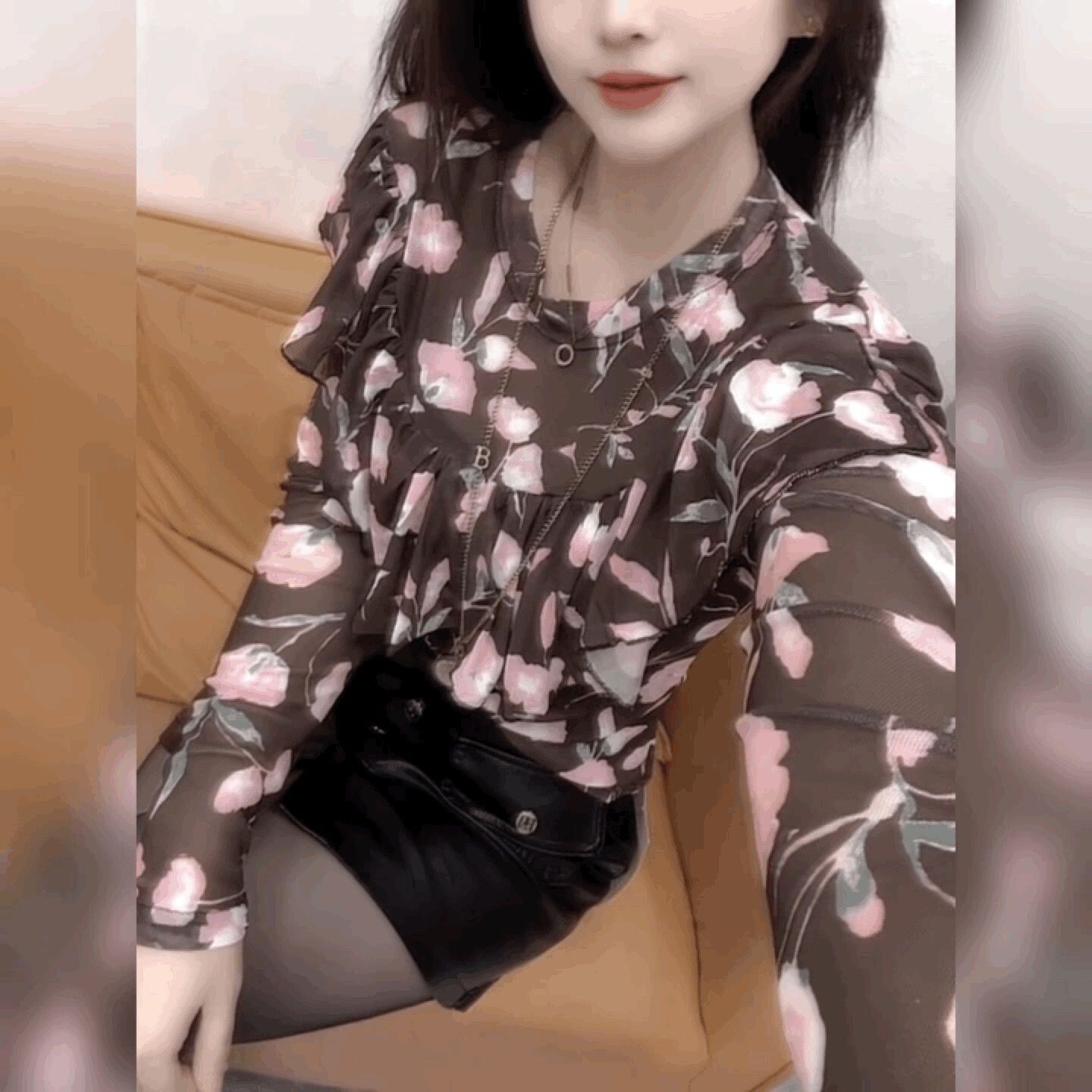 圆领荷叶边碎花雪纺T恤衬衫女长袖百搭防晒打底衫法式宽松上衣潮