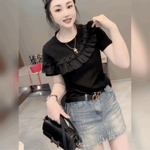 氣質洋氣修身 黑色圓領上衣法式 設計感釘珠荷葉邊短袖 T恤女 打底衫