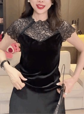 镂空蕾丝拼丝绒短袖T恤女
