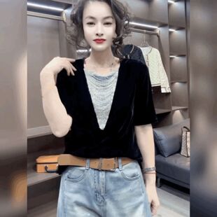 气质法式黑色金丝绒上衣修身串珠小香风打底衫时尚短袖丝绒T恤女