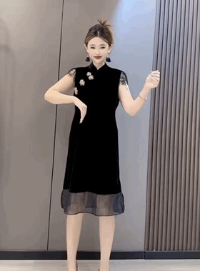 新中式国风轻奢冰丝绒连衣裙女