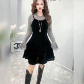 法式 裙小黑裙两件套裙子 T恤套装 黑色中长款 丝绒吊带裙蕾丝喇叭袖