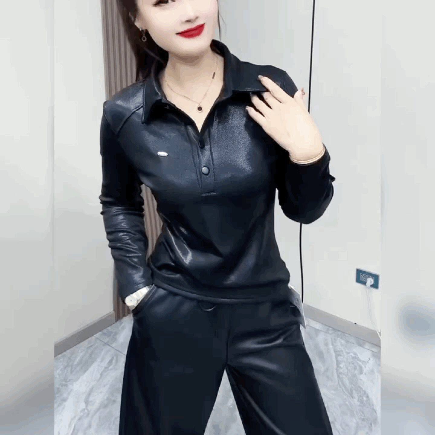 POLO领长袖黑色法式上衣修身时尚打底衫气质蛋白皮PU皮T恤衬衫女