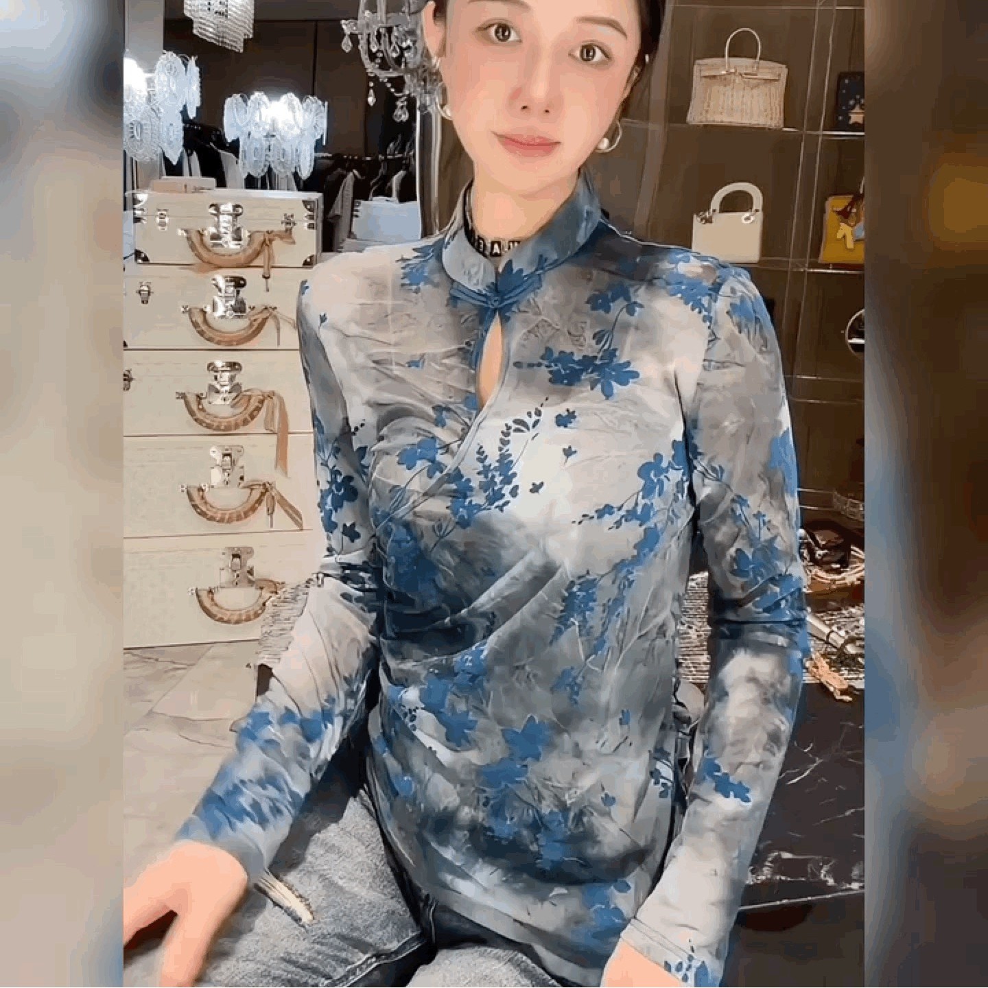 新中式国风立领盘扣打底衫长袖复古上衣女衬衫领蕾丝植绒碎花T恤