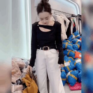 修身洋气法式上衣时尚气质T恤女韩版镂空设计感桔黄色小众打底衫