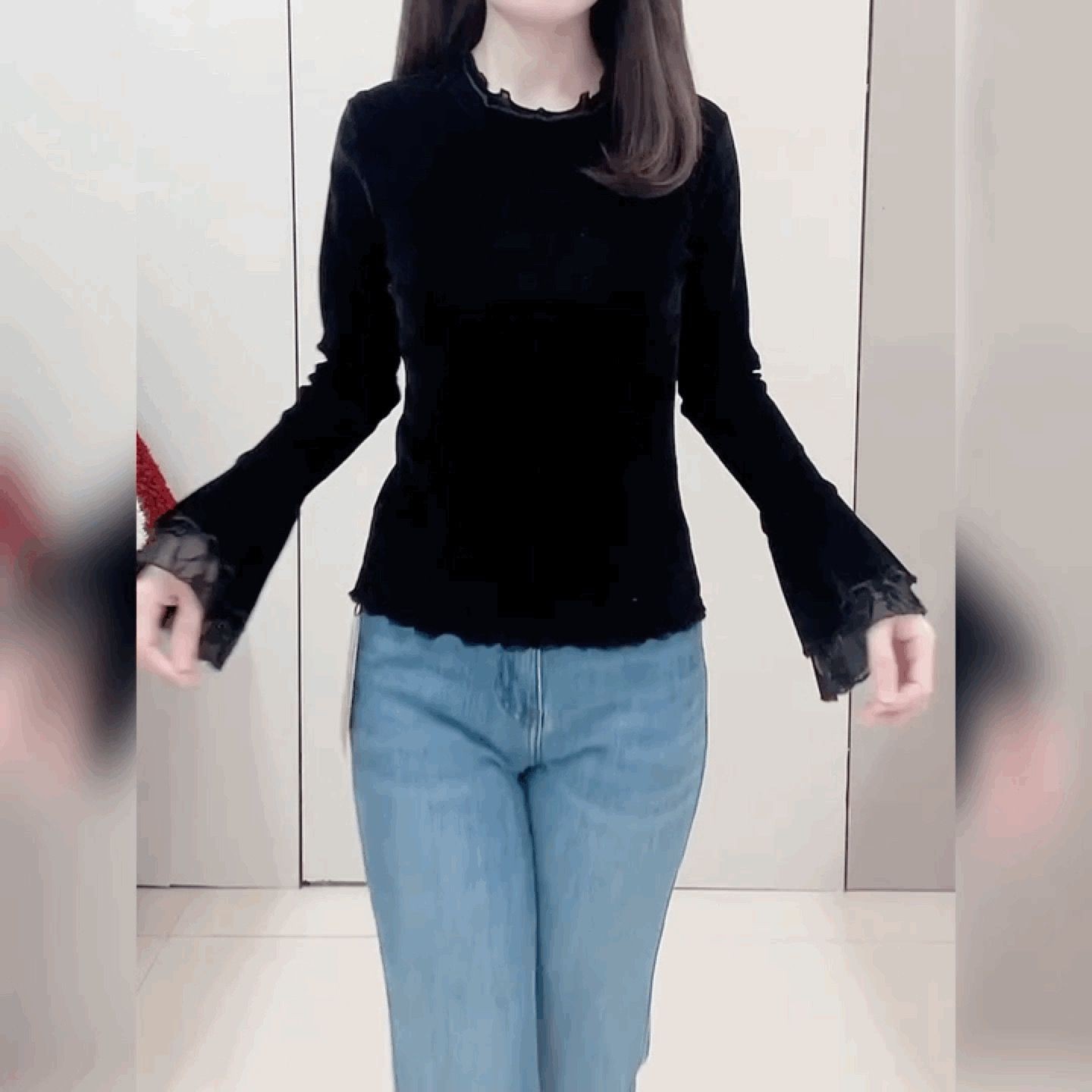 丝绒拼蕾丝边喇叭袖打底衫时尚轻奢高级感T恤女法式黑色圆领上衣,女装/女士精品,T恤,淘宝优惠券,粉丝福利购,淘宝优惠卷