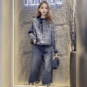 法式 上衣潮 宽松长袖 复古格子打底衫 女拼木耳边系带蝴蝶结T恤时尚