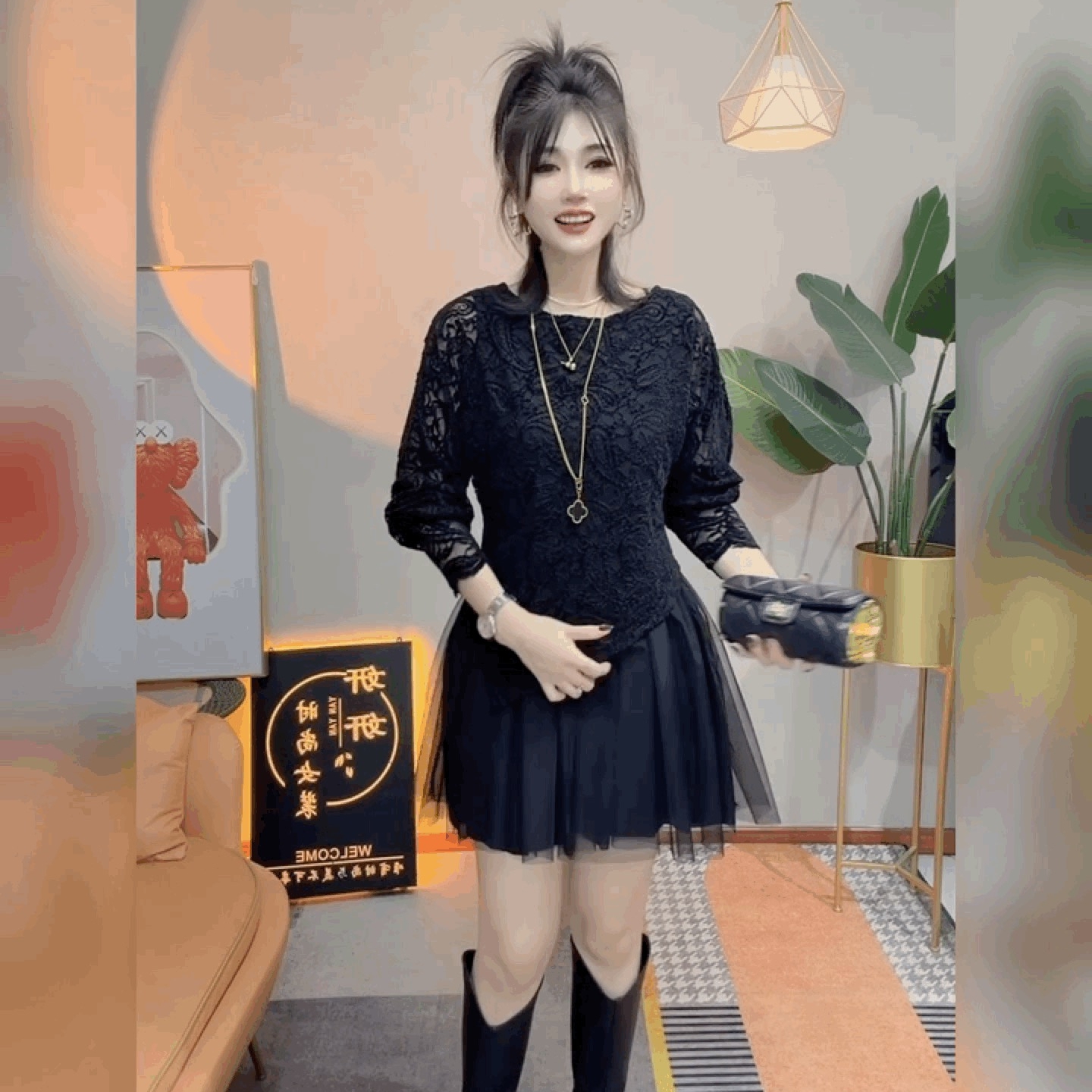 假两件蕾丝拼接网纱黑色气质女裙