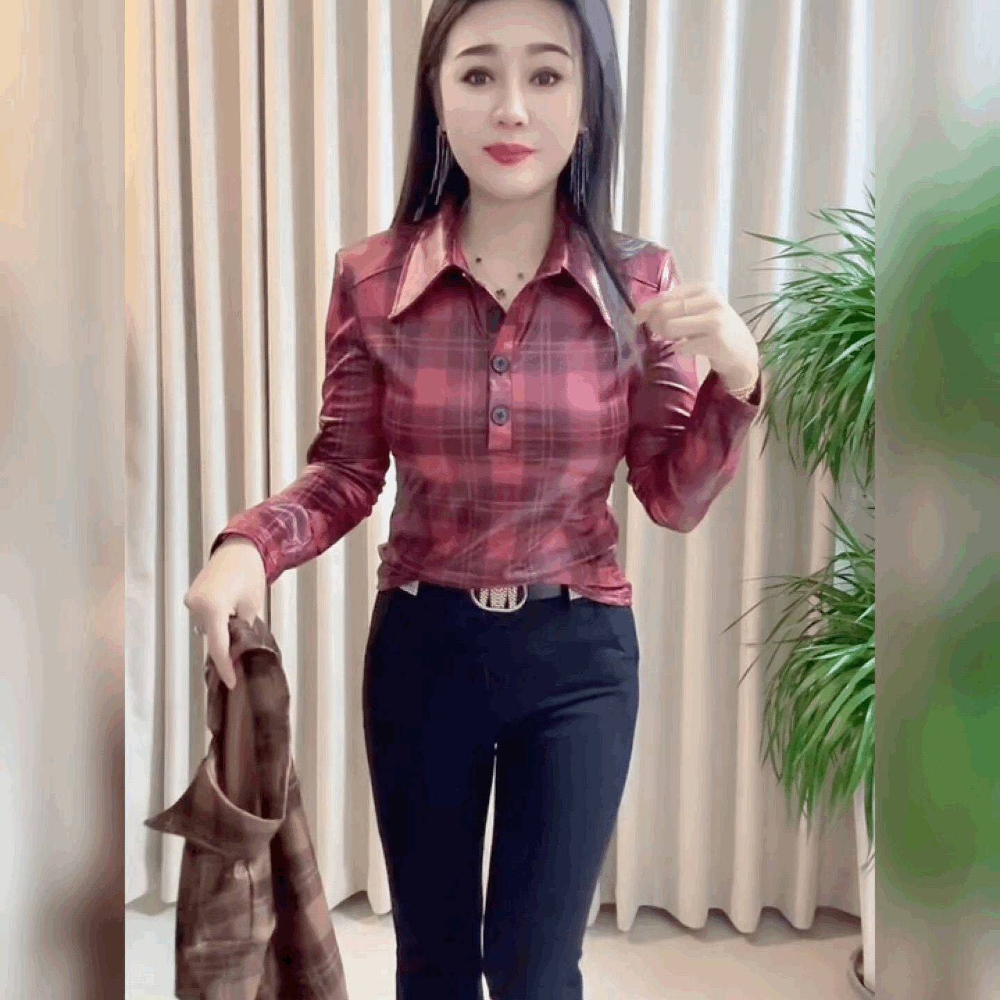 法式气质格子t恤衬衫女