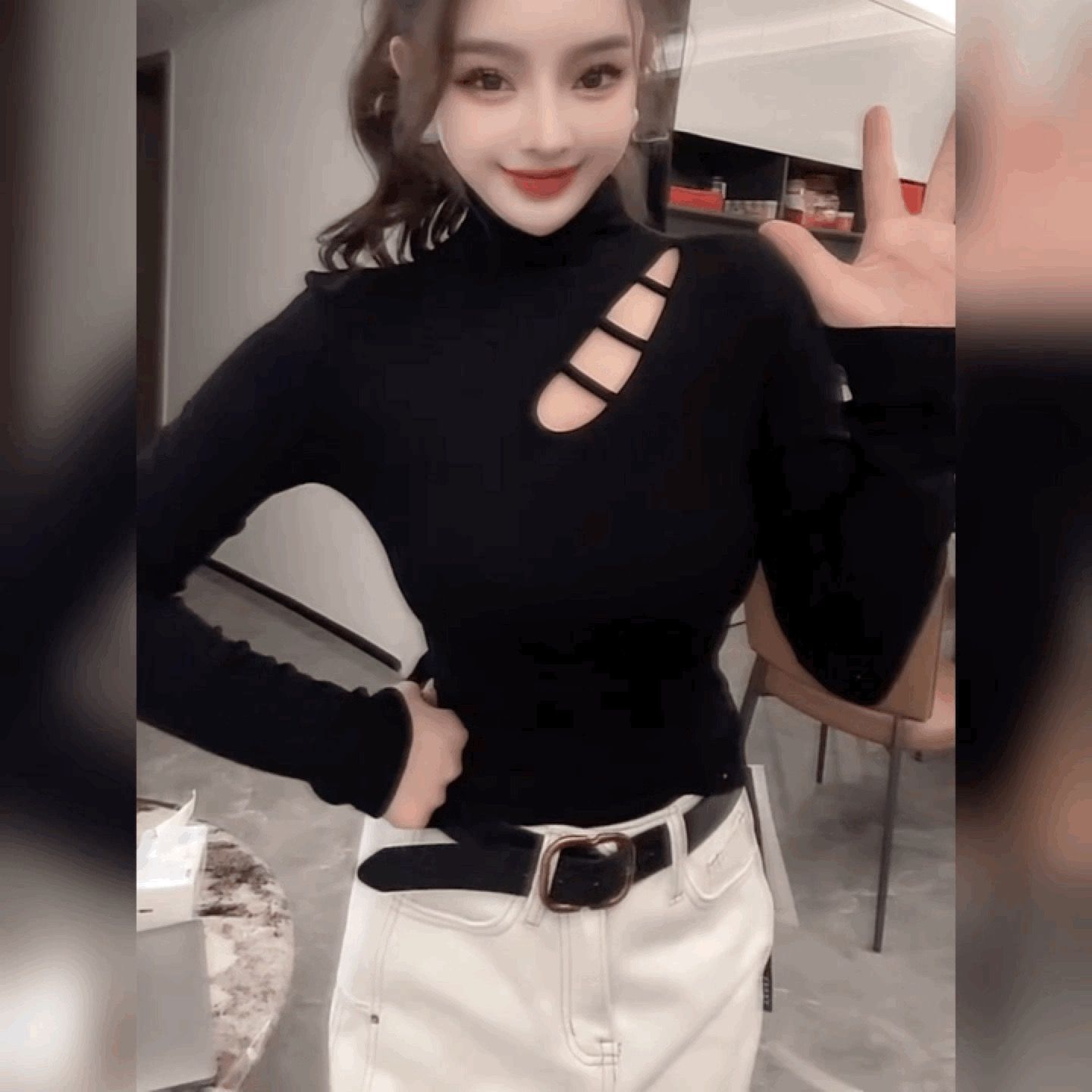 设计感小众镂空半高领长袖T恤女