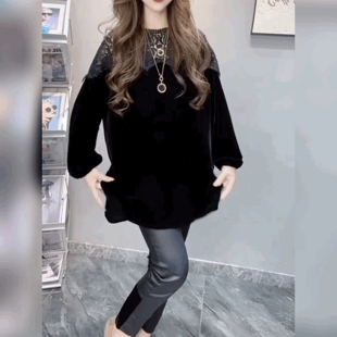 蕾丝镂空拼接丝绒大衫女装宽松法式黑色上衣轻奢气质中长款打底衫