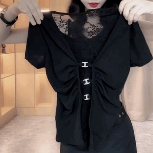 气质法式圆领黑色上衣小心机镂空t恤小衫蕾丝美背短袖T恤打底衫女