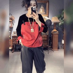 新中式打底衫宽松圆领复古红色上衣国风盘扣丝绒拼醋酸T恤衬衫女