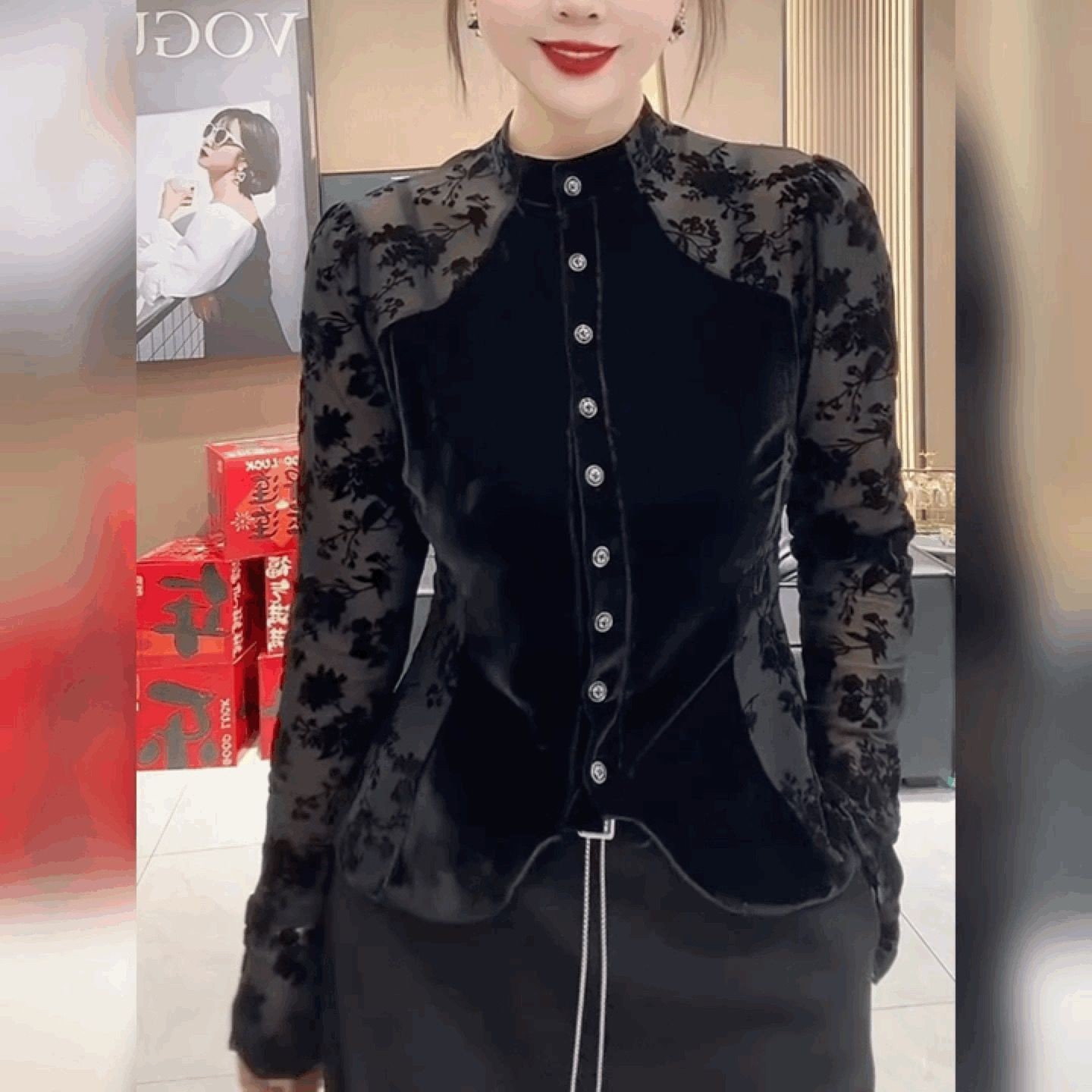 法式立领黑色上衣喇叭袖收腰打底衫轻奢蕾丝植绒拼丝绒T恤衬衫女,女装/女士精品,衬衫,淘宝优惠券,粉丝福利购,淘宝优惠卷