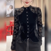 法式 女 轻奢蕾丝植绒拼丝绒T恤衬衫 立领黑色上衣喇叭袖 收腰打底衫