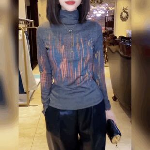 洋气修身打底衫潮法式复古晕染T恤小衫女内搭高领竖条纹灰色上衣