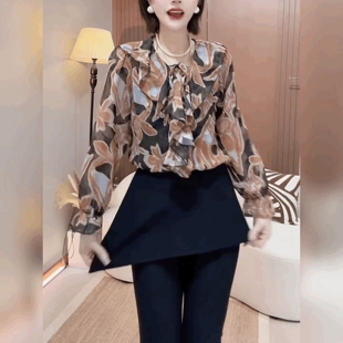 衬衫 复古碎花雪纺V领长袖 女 法式 洋气轻奢宽松系带上衣荷叶边小衫