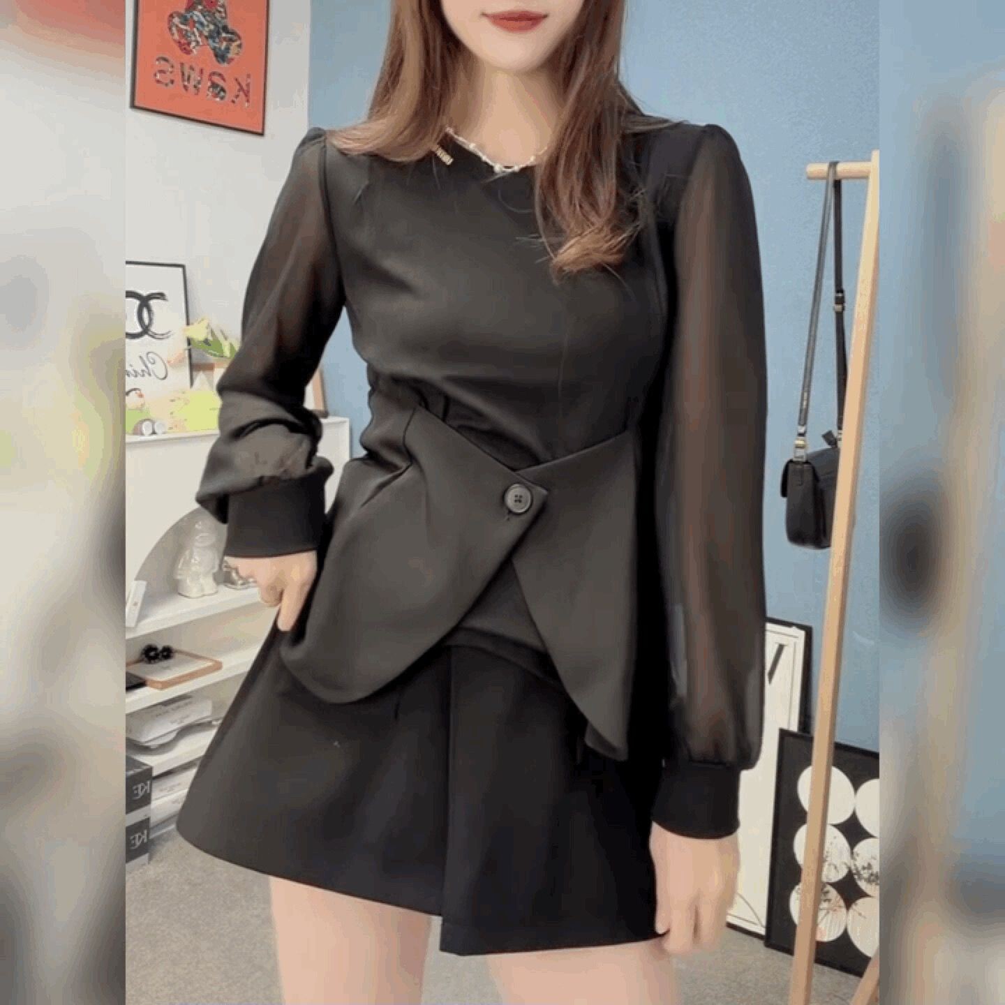 西装扣修身马甲假两件打底衫灯笼长袖T恤小衫女圆领黑色法式上衣