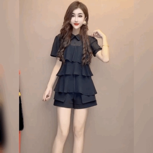 法式时尚短袖黑色上衣百搭设计感雪纺衫荷叶边翻领波点雪纺衬衫女