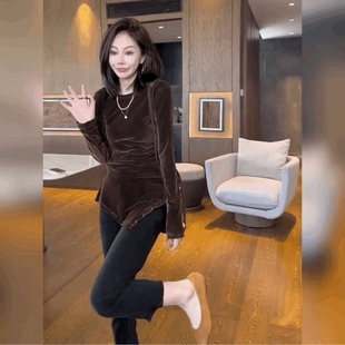 修身T恤衫金丝绒不规则底边打底衫女圆领百搭丝绒黑色中长款上衣