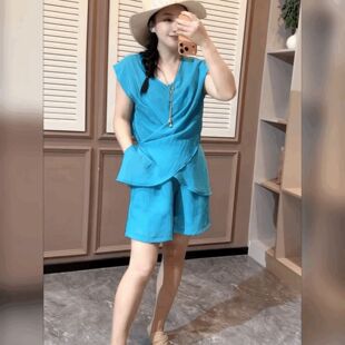 冰丝麻料时尚中长款T恤套装女交叉系带坎袖上衣阔腿短裤两件套潮