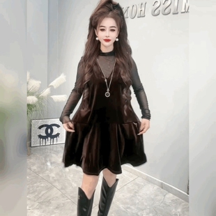 高级感时尚连衣裙套装女遮肉显瘦马甲丝绒裙网纱T恤打底衫两件套