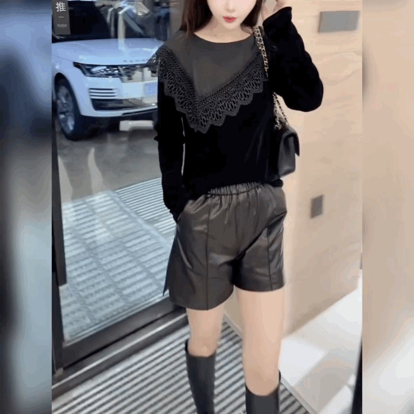 设计感雪纺拼丝绒长袖T恤女斗篷肩修身打底衫时尚法式圆领上衣潮