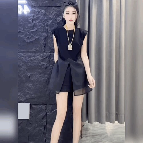 设计感雪纺拼接t恤背心女