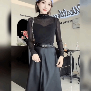 蕾丝网纱烫钻修身t恤女性感小衫高领长袖黑色法式上衣时尚打底衫
