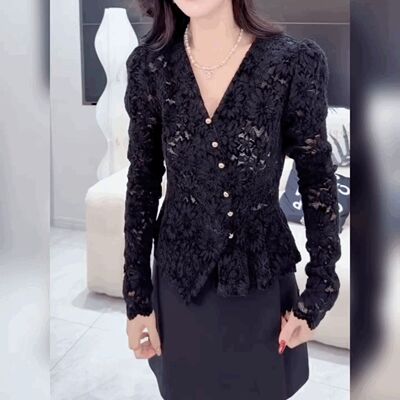 法式修身镂空T恤衫女黑色上衣