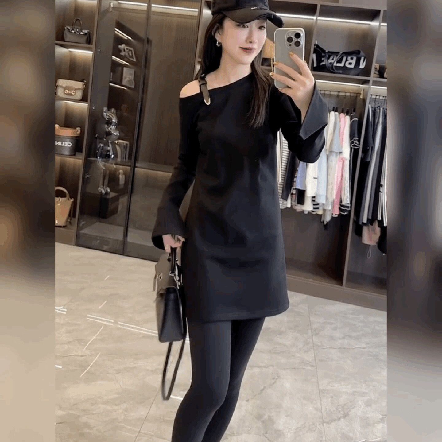 纯欲风性感斜领露肩长袖打底衫女中长款遮臀T恤小众法式黑色上衣