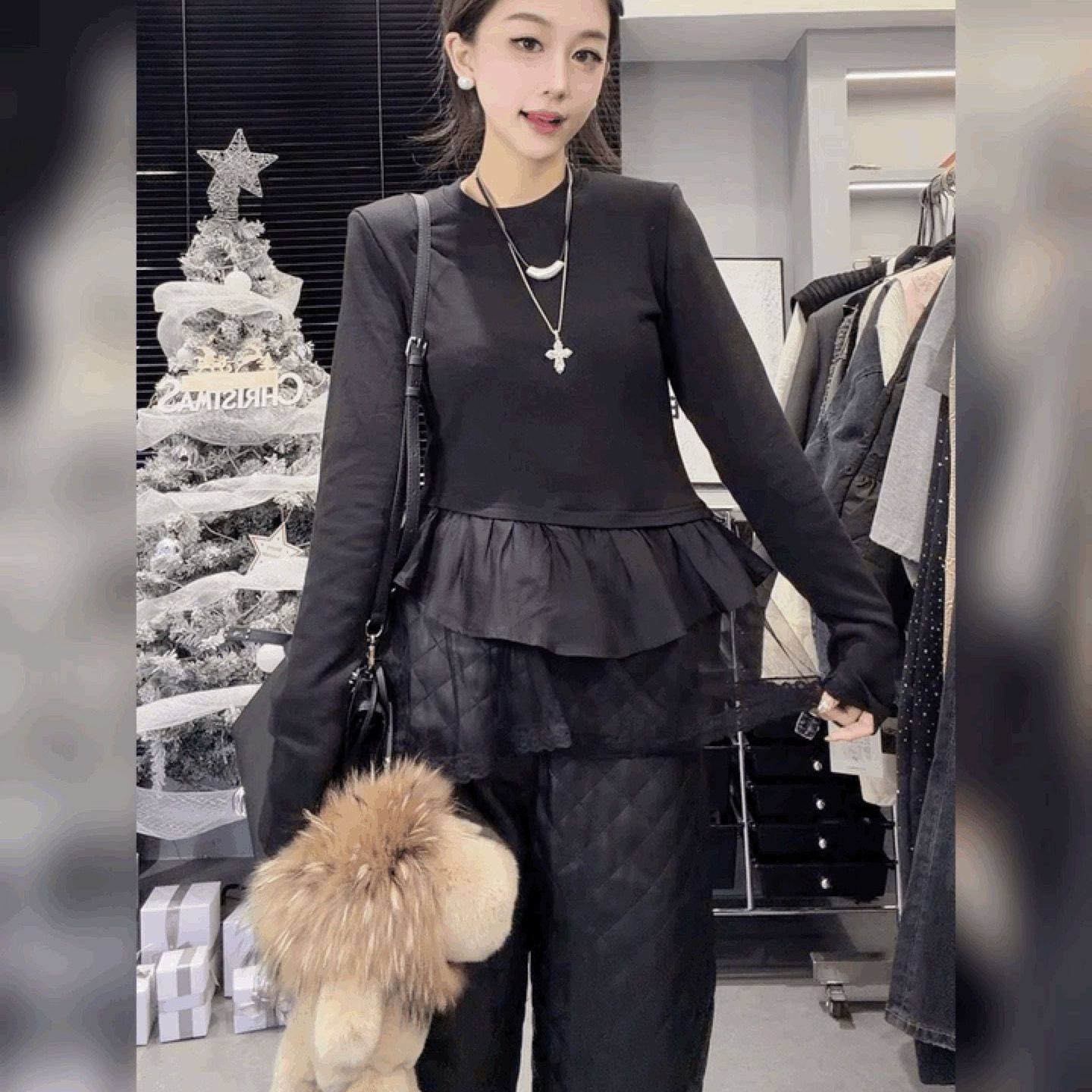 辣妹中长款拼网纱法式黑色上衣设计感T恤荷叶边修身洋气打底衫女,女装/女士精品,T恤,淘宝优惠券,粉丝福利购,淘宝优惠卷