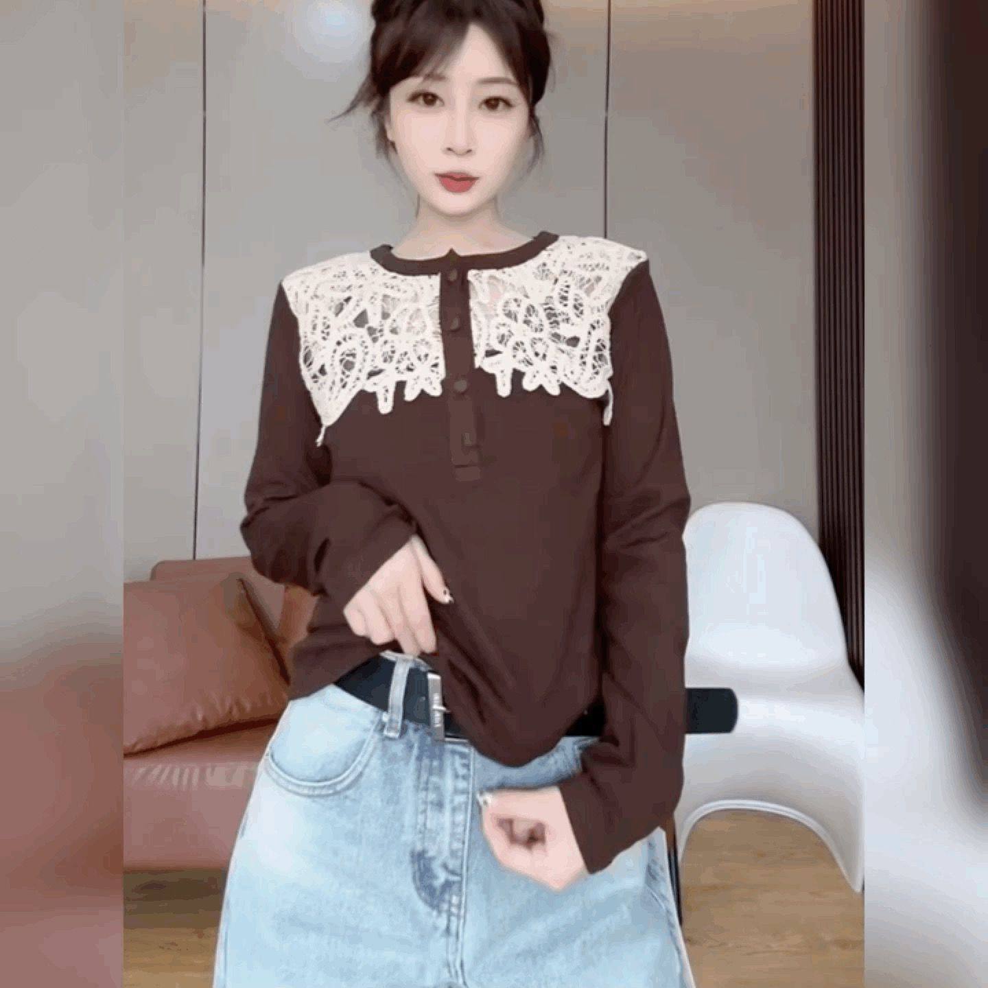 法式镂空蕾丝拼接圆领T恤衫设计感长袖打底衫修身黑色磨毛绒上衣