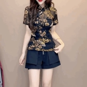 碎花蕾丝短袖 欧货25夏新款 网纱t恤国风立领上衣盘扣复古修身 T恤女
