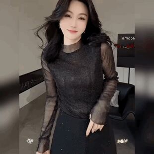 亮丝网纱高领长袖打底衫女修身法式黑色上衣时尚高级感蕾丝T恤衫