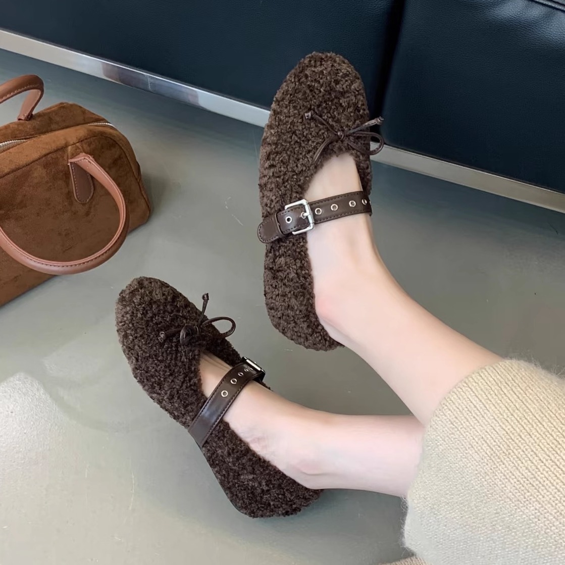 miu风~毛毛玛丽珍鞋女平底蝴蝶结