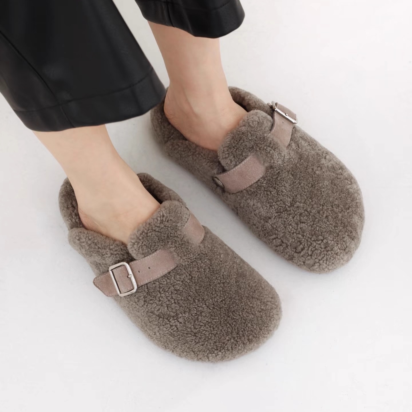 羊皮毛一体毛绒勃肯鞋女包头半拖