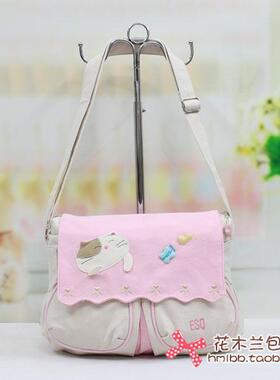 包邮ESQ可爱猫戏蝶纯棉帆布包斜挎女包60738