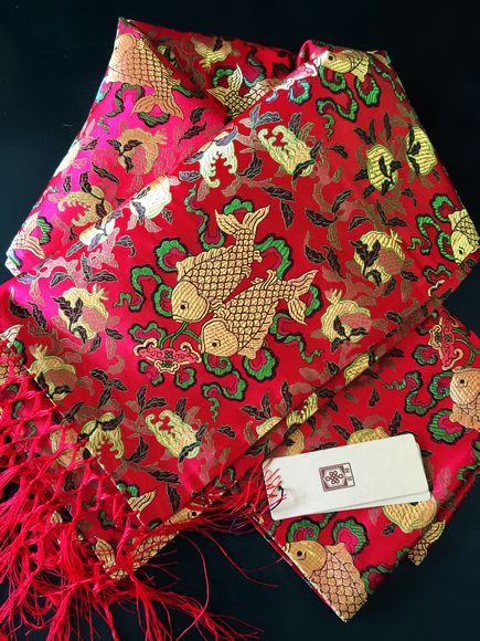 礼品 南京云锦研究所南京特产 吉祥云锦 红色金双鱼精品披肩现货