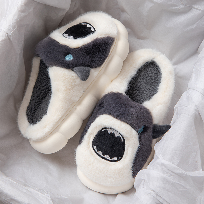 鲨鱼棉拖鞋男冬季卡通加绒保暖厚底情侣家用踩屎感暖绒毛毛拖鞋女