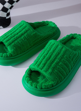 毛毛拖鞋女ins春秋网红同款绿色毛巾底露趾厚底家居家用拖鞋外穿