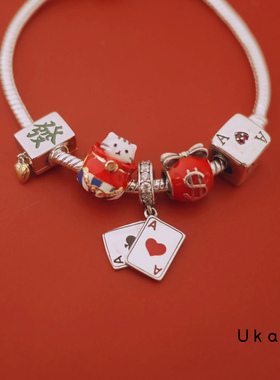 国潮风猫咪纯银钱袋扑克串珠手链