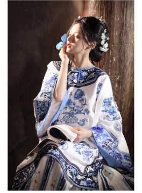 中式女装汉服清朝清汉女晋商少奶奶蓝色青花瓷印花旗袍马面裙套装