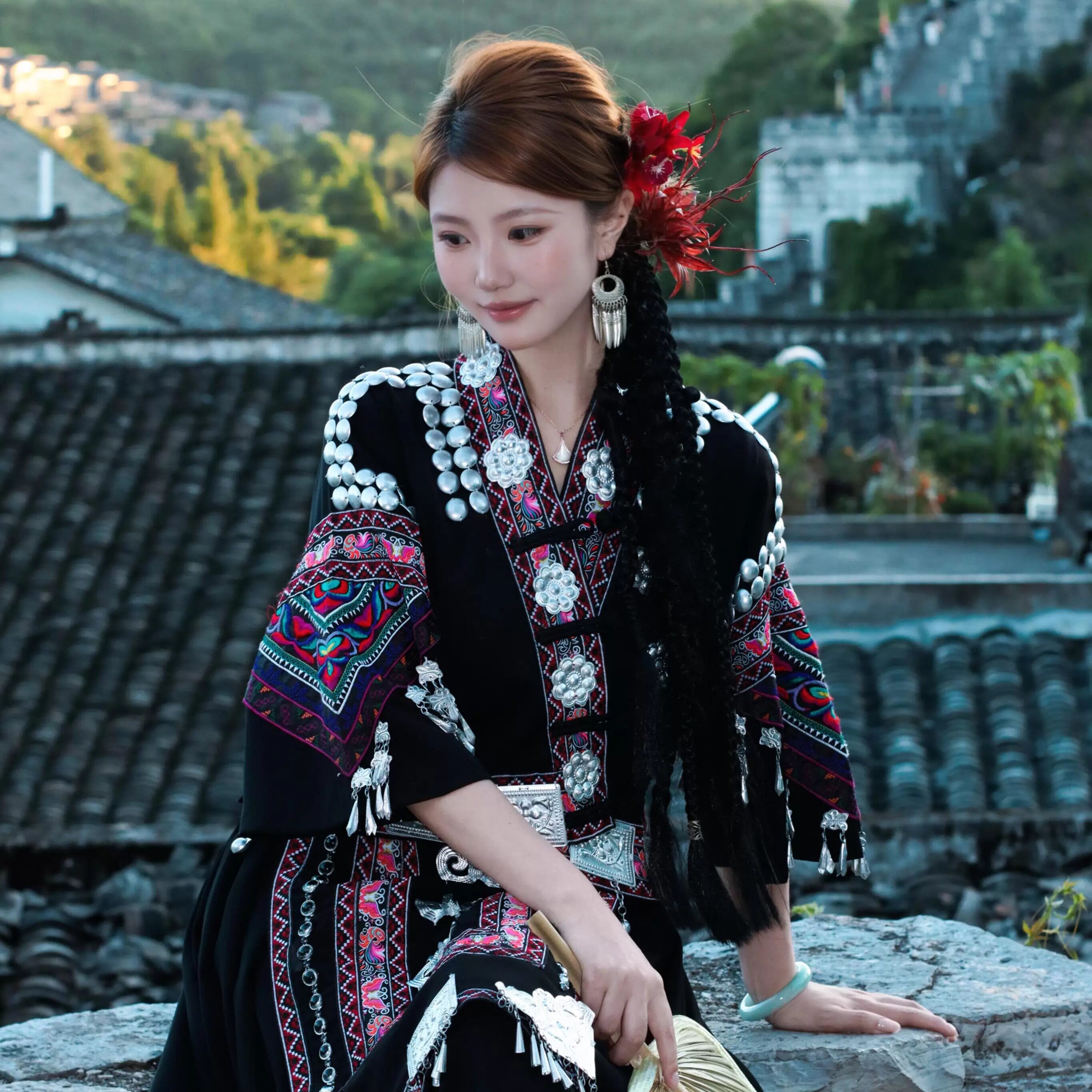 民族服装女成人舞蹈服葫芦丝表演服苗疆少女长裙云南千户旅拍苗族